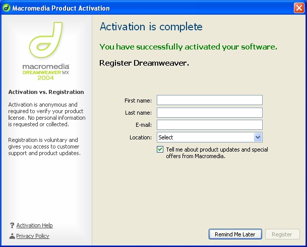 Activation complete message